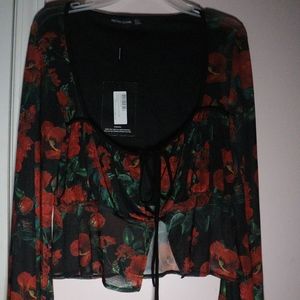 Dark Rose Print Sheer Tie Front Bell Sleeve Blouse